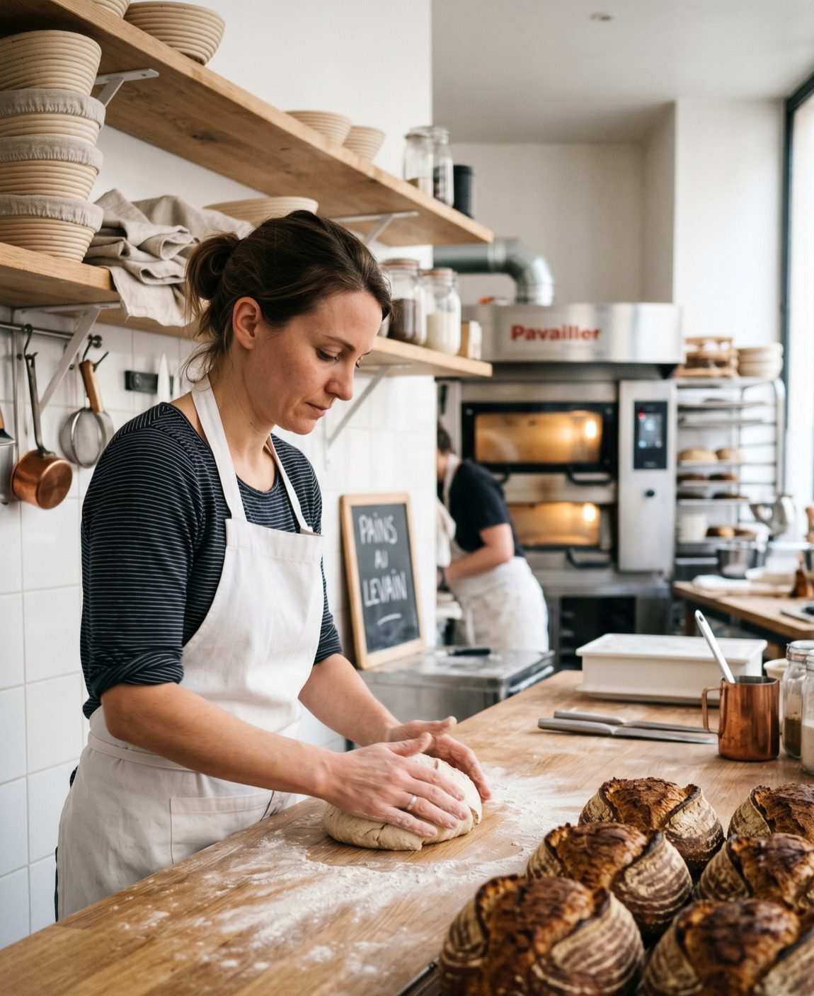 Atelier de boulangerie artisanale française : boulangère façonnant un pain au levain devant un four professionnel